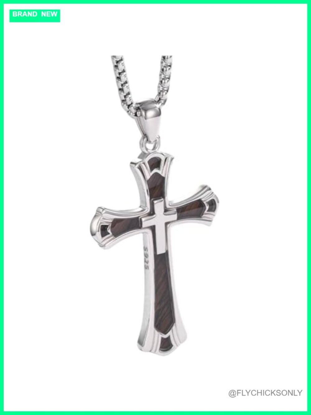 925 Sterling Silver Wooden Cross Necklace Men 22in Rolo Chain